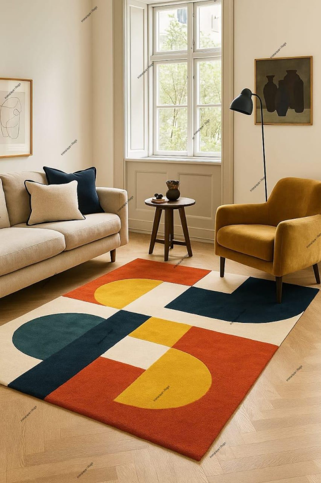 Modern Rug Solid Background Hand Tufted Modern Geometric Rug, Abstract Color Block Wool Area Rug ...