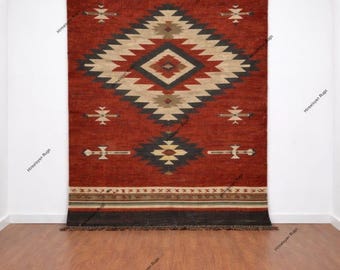 Handwoven Wool Kilim Rug 5x8 Southwestern Area Rug, Navajo Style Flatweave Carpet, Red Aztec Diamond Rug Tribal Boho Decor Large Dhurrie Rug