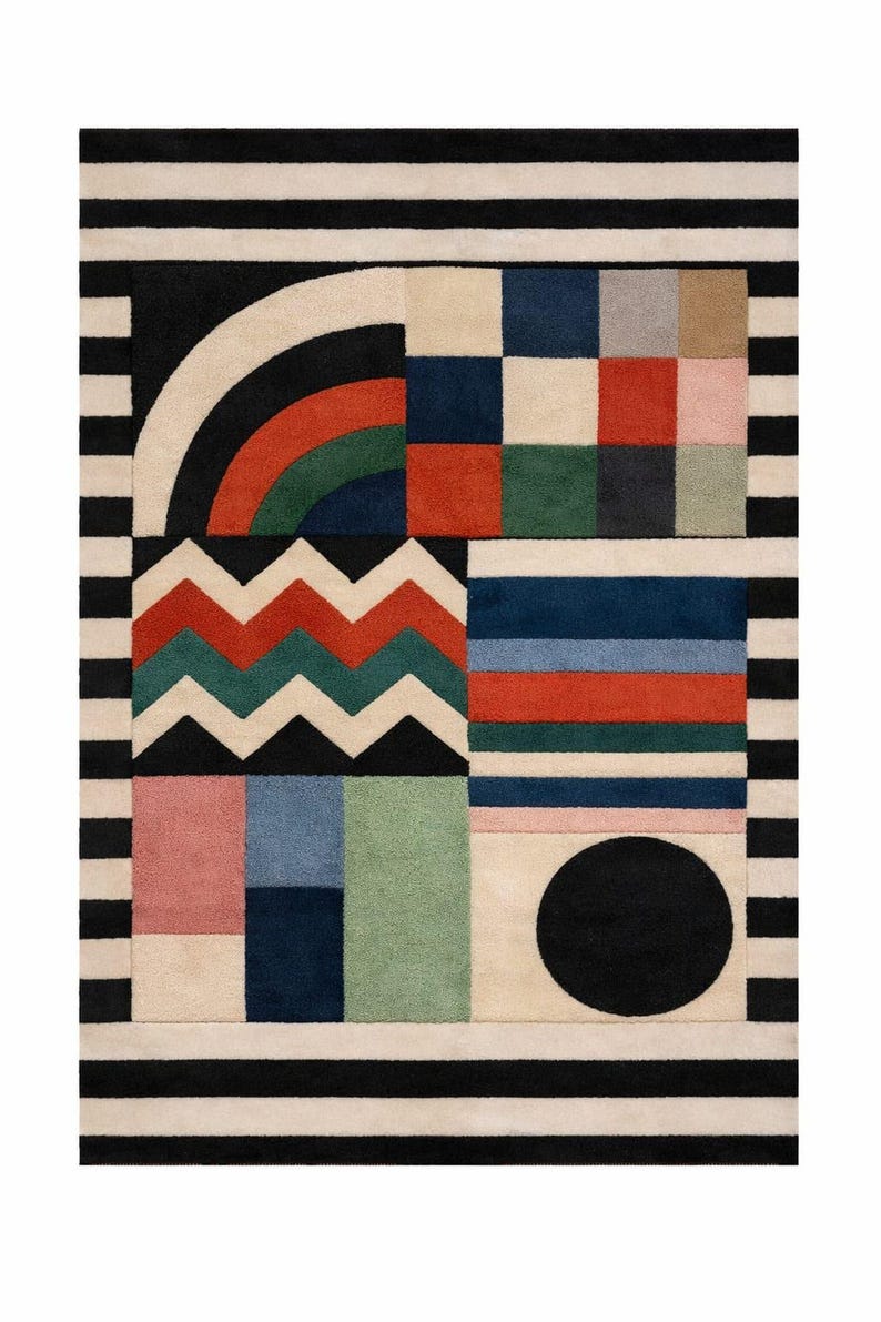 May include: Geometric patterned rug with a black and white striped border. The rug features a variety of shapes and colors, including a rainbow arch, zigzags, squares, and a black circle. The color palette includes red, green, blue, pink, and beige.