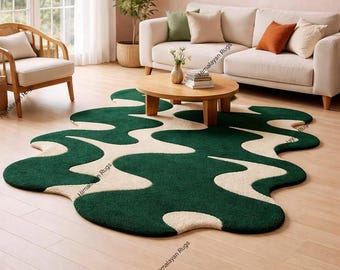 Organic Wave Hand Tufted Irregular Rug Modern Abstract Squiggle Green & Ivory Shaped Wool Rug, Contemporary Designer Carpet for Living Room