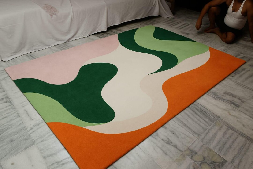 Abstract Organic Shape Area Rug, Modern Color Block Wool Rug, Green ...