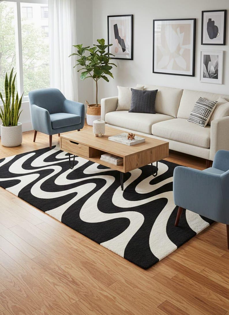 May include: A living room scene featuring a black and white patterned rug with a wavy design. The room includes a light-colored sofa, two blue armchairs, a wooden coffee table, and framed artwork on the wall. Plants add a touch of nature.
