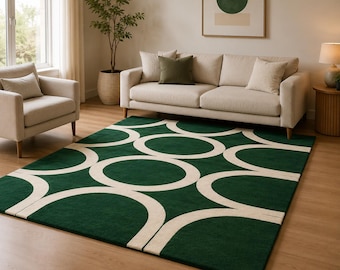 Groen geometrisch cirkelvormig vloerkleed, modern handgetuft wollen vloerkleed, eigentijds design vloerkleed uit het midden van de vorige eeuw, minimalistische woonkamer- en slaapkamerdecoratie