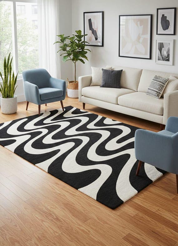 Hand tufted Modern Wavy Area Rug Hand Tufted Wool Rug Black and White Abstract Mid Century Retro Rug Aesthetic Living Room Rug Custom Size