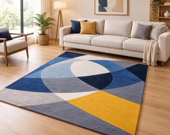 Mid Century Modern Area Rug, Hand Tufted Wool Rug, Abstract Geometric Living Room Carpet, Large Blue Yellow Rug, Art Deco Floor Mat 5x8 8x10