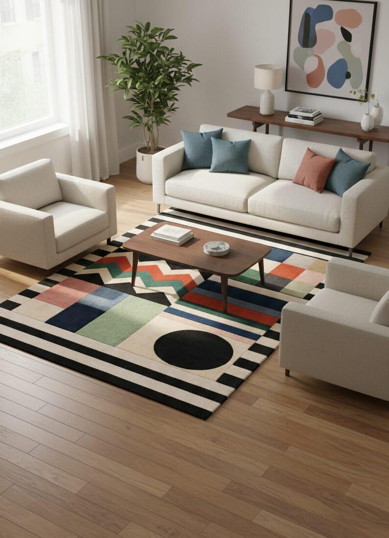 May include: A modern living room setup featuring a cream-colored sofa and armchairs, a dark wood coffee table, and a colorful geometric rug. The rug has a black and white striped border and a large black circle in the center. Decorative pillows in blue and coral add pops of color.