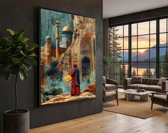 Mystical Middle Eastern Mosque Scene, Islamic Architecture Canvas, Man in Traditional Dress Canvas Wall Art, Cultural Home Decor, Spiritual