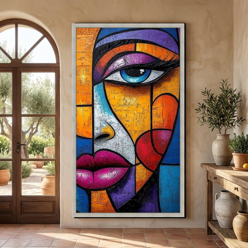 Modern Abstract Face Canvas Wall Art, Colorful Cubist Portrait ...