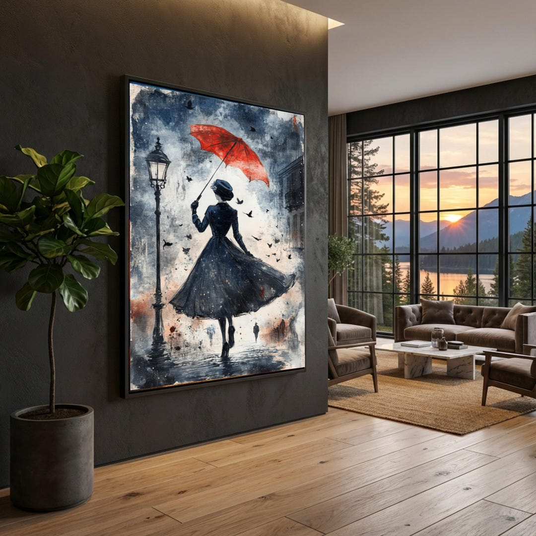 Vintage Woman Walking With Red Umbrella Canvas, Retro Street Scene Wall ...