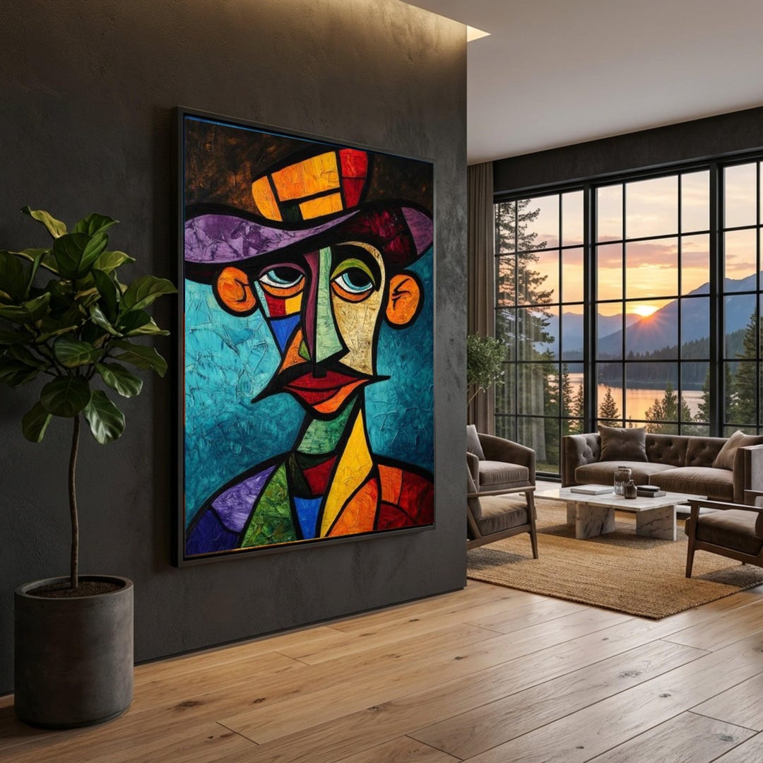 Abstract Cubist Man Portrait Canvas, Modern Colorful Wall Art ...