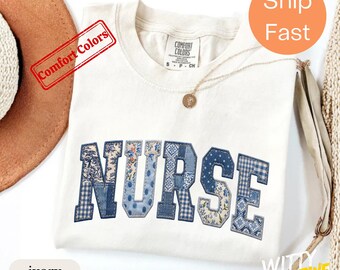 Camiseta de enfermera con estampado de retazos de imitación, de mezclilla azul Comfort Colors, estilo vintage