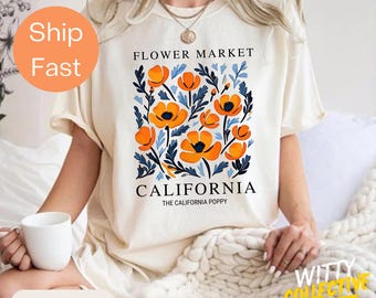 Comfort Colors® Flower Market California-T-shirt, California Poppy-shirt met bloemen, vintage botanisch shirt