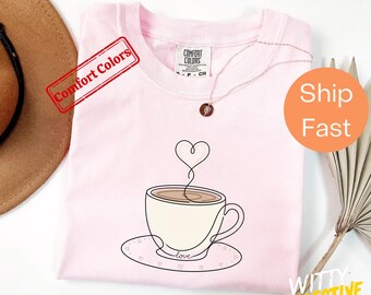 Minimalist Line Art Coffee Love Shirt - Heart Coffee Cup Tee