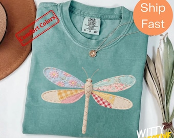 Shirt met imitatiepatchwork libelle - T-shirt boho Dragonfly-afbeelding