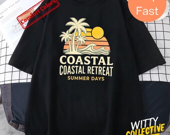 Camiseta de verano "Coastal Retreat" con estampado de colores cómodos y estilo vintage playero.