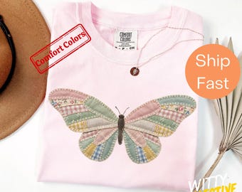 Shirt met imitatiepatchwork vlinderprint - T-shirt boho vlinderprint