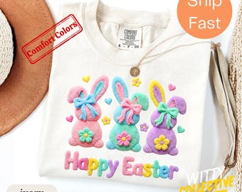 Faux Tufted Happy Easter Bunny Shirt  | Pastel Rabbit T-Shirt | Spring Tee