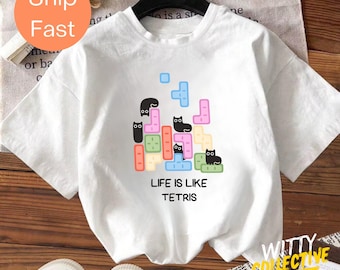 Comfort Colors® Cat Tetris T-Shirt, Cute Cat Gamer Tee, Funny Puzzle Cat Shirt, Retro Game Style Tee, Unisex Cat Lover Shirt