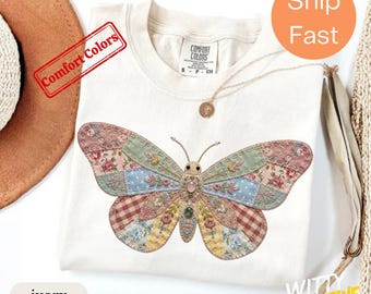 Shirt met imitatiepatchwork vlinderprint - T-shirt boho vlinderprint