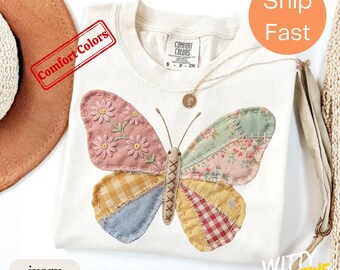 Faux Patchwork Butterfly Shirt - Boho Butterfly Graphic Tee