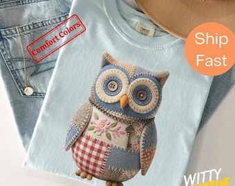 Shirt met imitatiepatchwork uil - Vintage boho T-shirt uil met print