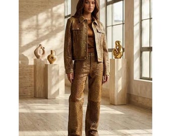 High End Croc Embossed Leather Jacket and Trouser Set for Women