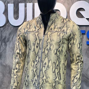 Men's Snakeskin Print Leather Bomber Jacket | Cafe Racer Motorcycle Style
