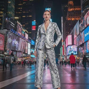 Traje de piel de lujo con estampado de pitón / Conjunto de dos piezas para mujer: blazer de piel de serpiente y pantalón de pierna ancha