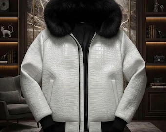 Luxus Herren White Krokodil Prägeleder Bomberjacke mit schwarzer Pelzhaube, Streetwear Oberbekleidung