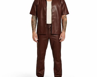 Men's Brown Leather Western Shirt & Slim-Fit Pants Set – Genuine Leather Two-Piece Outfit