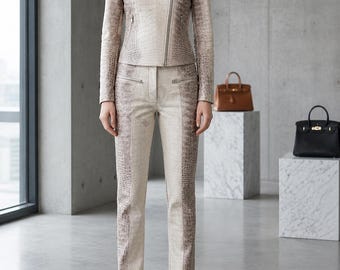 Luxury Women Croc Embossed Leather Outfit Statement Two Piece Set Suit