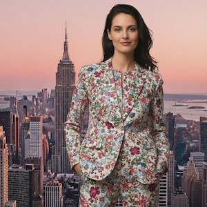 Puede incluir: Un traje con estampado floral crema, compuesto por una chaqueta y un pantalón a juego. El traje presenta un patrón floral colorido en tonos rosa, azul y verde. La chaqueta tiene un cuello con solapas y bolsillos. El fondo muestra un paisaje urbano con el Empire State Building.