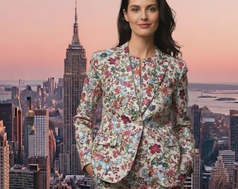 Women's Floral Print Blazer and Trousers  Set – Elegant Multi-Color Flower Pattern Two-Piece Suit