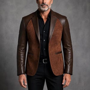 Men's Two-Tone Brown Leather & Suede Blazer | Vintage Patchwork Formal Coat