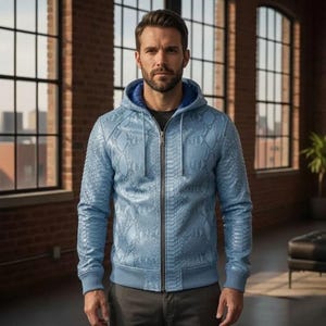 Men's Sky Blue Python Embossed Leather Hoodie - Exotic Snakeskin Pattern Leather Jacket