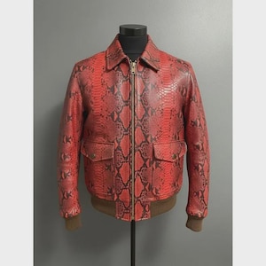 Men's Red Snakeskin Leather Bomber Jacket – Embossed Python Texture Coat