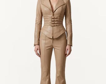 Genuine Leather Corset Pantsuit | Beige Peplum Blazer, Flare Trousers