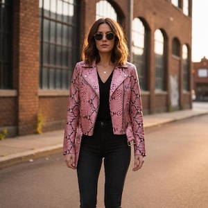 May include: A pink and black snakeskin-patterned leather motorcycle jacket with a notched collar, silver-tone metal zippers, and a belted waist, worn over a black v-neck top and black jeans, paired with dark-tinted round sunglasses.