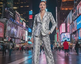 Traje de mujer de piel auténtica con estampado de serpiente: un elegante conjunto de moda