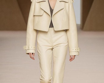 Women’s Beige Cropped Leather  Set – Minimalist Two Piece Outfit,  Modern Chic Co-ord Set