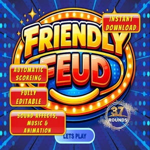 Puede incluir: Interfaz de juego digital "Friendly Feud" con un diseño vibrante. El título está en letras multicolores en negrita, rodeado por un marco dorado con luces. Cajas rojas resaltan características como "Descarga instantánea" y "Puntuación automática".