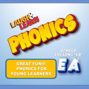 Peut inclure: Une image éducative avec le mot "PHONICS" en grandes lettres jaunes en 3D avec des contours rouges. Le texte "LAUGH & LEARN" est au-dessus, et "GREAT FUN!!! PHONICS FOR YOUNG LEARNERS" est en dessous. L'image comprend également "VOWELS THE LONG 'EA'" et les lettres "EA".
