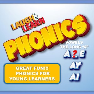 Pode incluir: Um gráfico educativo colorido com as palavras "LAUGH & LEARN PHONICS" em letras grandes e em negrito. A imagem destaca os sons vocálicos longos "A" com exemplos como "A?E", "AY" e "AI". Uma caixa amarela diz "GREAT FUN!!! PHONICS FOR YOUNG LEARNERS".