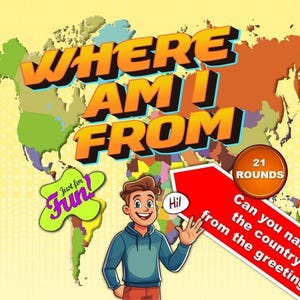Op de afbeelding: Een kleurrijk spelbord met de tekst "WHERE AM I FROM" en een wereldkaart als achtergrond. Een stripfiguur zwaait, met een tekstballon met "Hi!". Het spel bevat 21 rondes en vraagt: "Kun je het land noemen van de begroeting?"