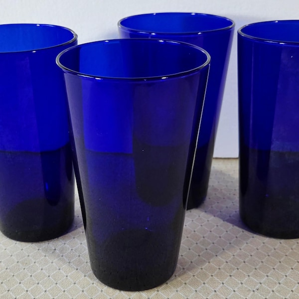 Set of 4 Cobalt Blue Tumblers, Vintage Kitchen Barware Glasses