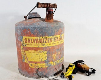 Galvanized Gasoline Can, Vintage 2 Gallon Gas Can, Safety Gas Kerosene Can, Rustic Industrial Garage Decor, Mid Century Metal Gas Can