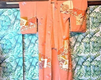 Silk Kimono, Vintage Pink/Peach, Floral with Gold Outline, Extra Long Kimono, Women's Duster, Wrap Robe, Cardigan Style Kimono