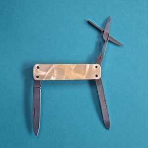 Italian Gentlemen&#39;s Pocket Knife with Tools, Vintage Celluloid Handle, Scissors, Nail File, Blade, Slim Design
