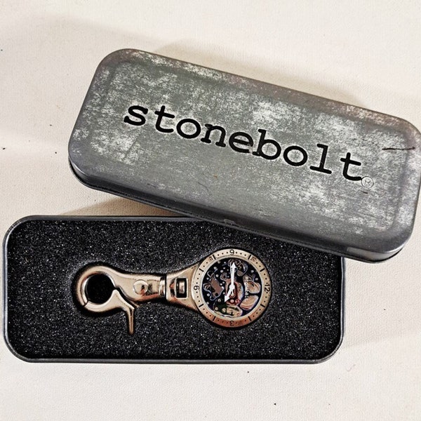 Stonebolt Watch Fob, Vintage Stainless Watch Back, Water Resistant Watch, Snap Hook Watchfob, Metal Case with Watch Fob, Analog Watch