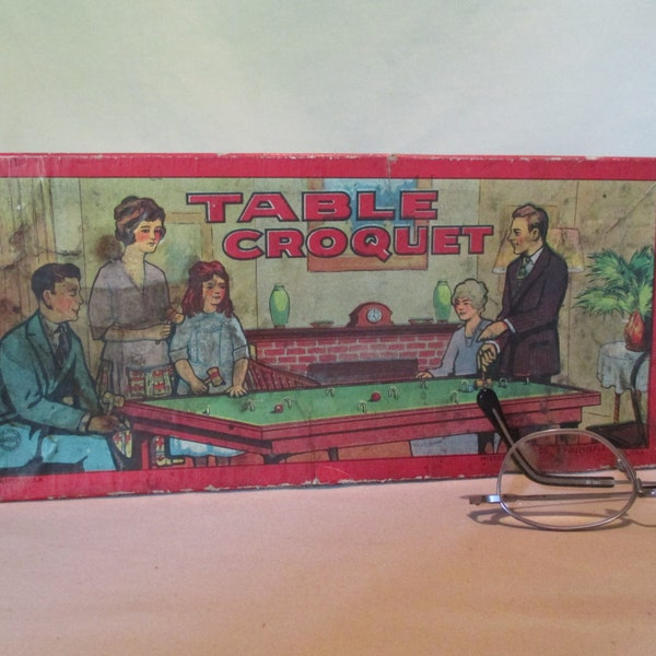 Table Croquet, Vintage Milton Bradley #4333, Parlour, Early 20th Century Table Top Parlor Game for 4 Original Box Family Game Colorful Litho